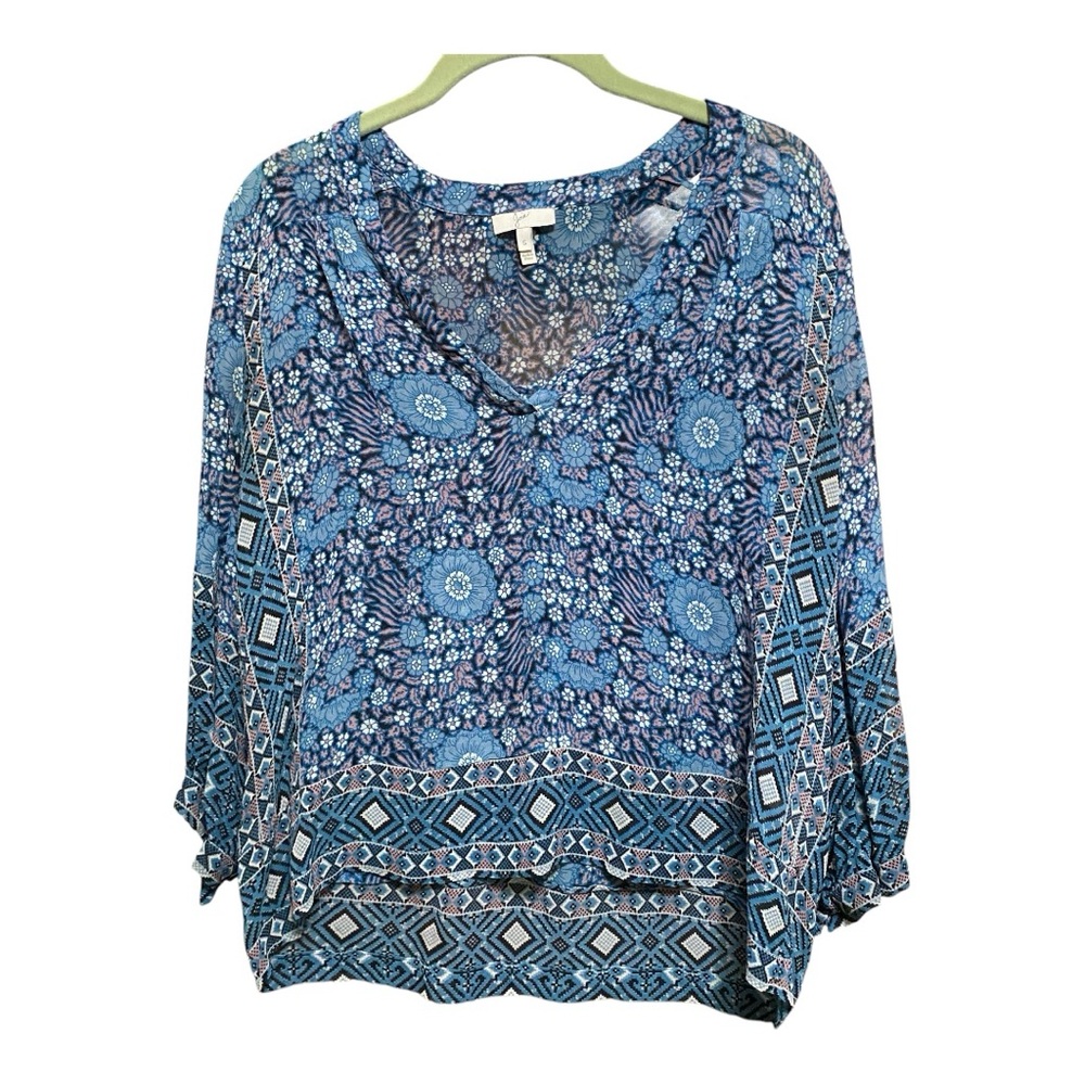 Joie Blue V-neck Silk Blouse with Three-quarter Sleeves and Relaxed Style S
